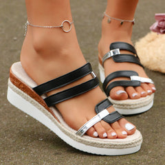 Sandalen mit Keilabsatz und Farbblock-Riemen, Sommermode, Hanf-Absatz, Pantoletten, Outdoor, dicke Sohle, Fischmaulschuhe für Damen