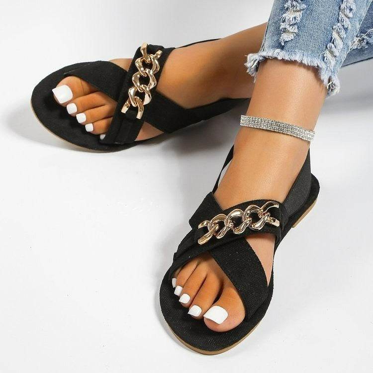 Chains Sandals Summer Outdoor Flat Shoes Elasticated Open Toe Slides Beach Shoes - Mubimart