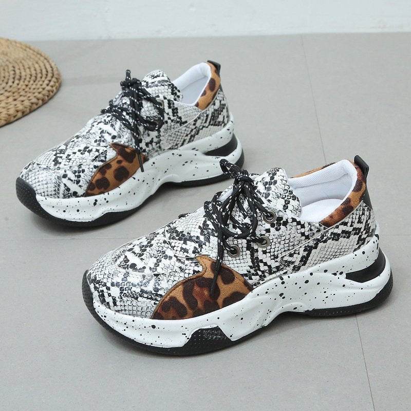 Leopard Print Sneakers Women Lace Up Walking Running Sports Shoes - Mubimart