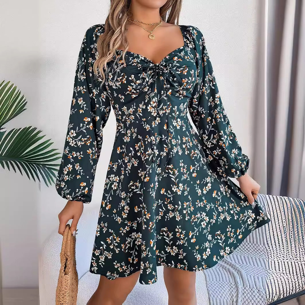 Fashion Floral Print Lantern Sleeve Dress Casual Sexy Tie Square Neck Long Sleeve A-Line Dress Women's Clothing - Mubimart -  