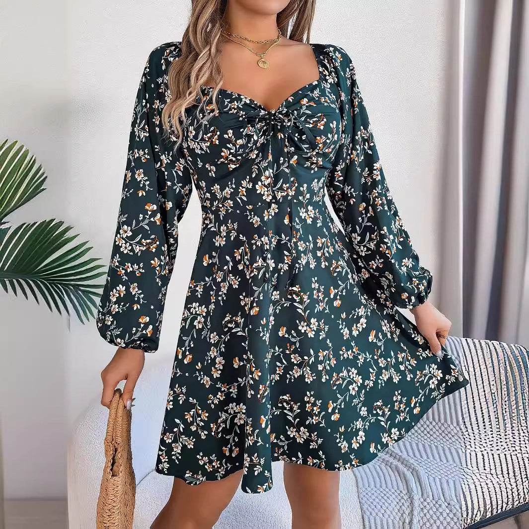 Fashion Floral Print Lantern Sleeve Dress Casual Sexy Tie Square Neck Long Sleeve A-Line Dress Women's Clothing - Mubimart