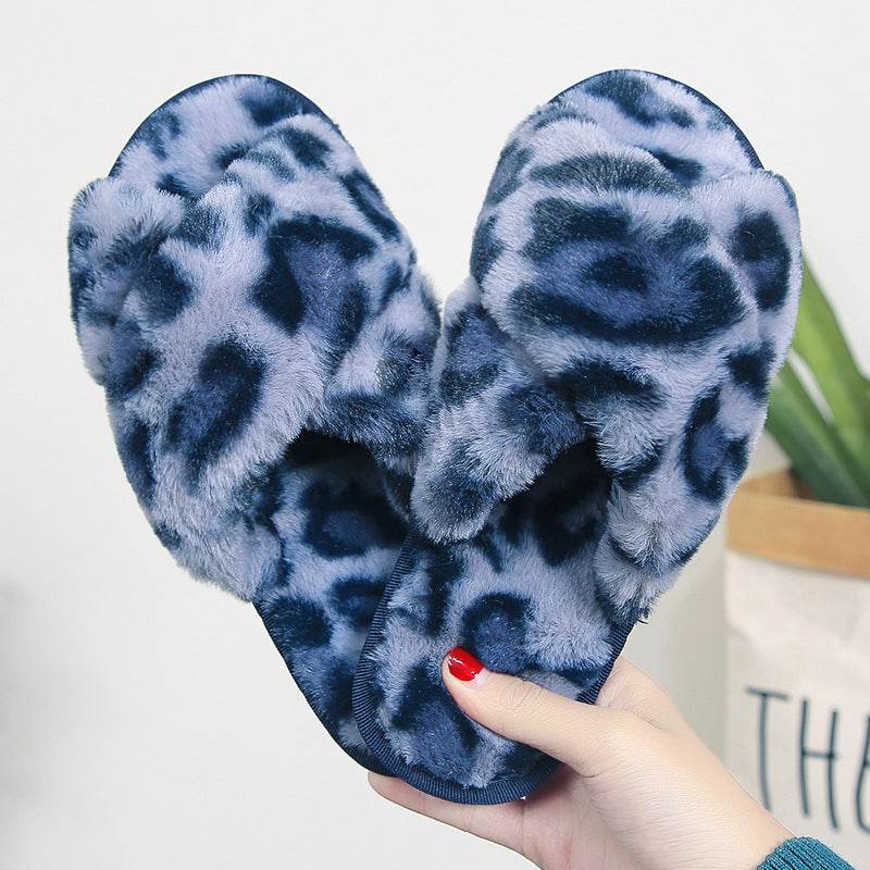 Cross-strap Fuzzy Slippers Leopard Plush House Shoes Flat Bedroom Slippers Slippers For Women - Mubimart