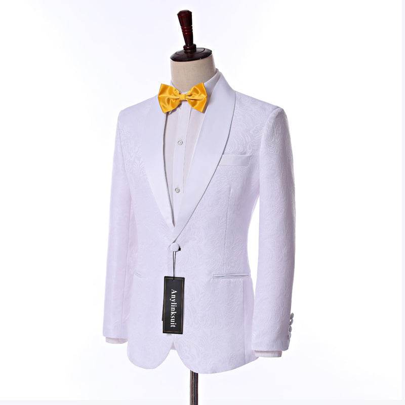 Custom Size Jacquard Groomsmen White Groom Tuxedos Shawl - Mubimart