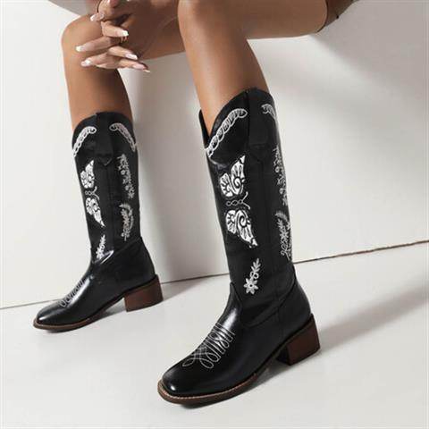 Embroidered Square Toe Mid-heel Boots For Women - Mubimart