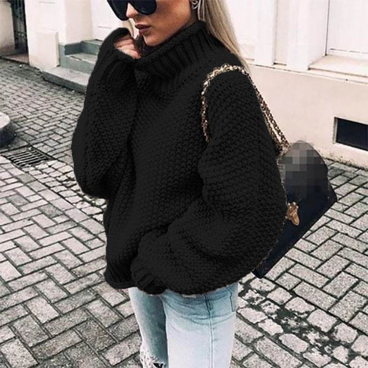 Women's Chunky Turtleneck Turtleneck Doll Sleeve Sweater - Mubimart