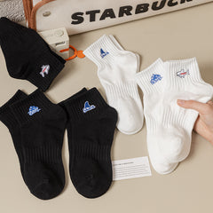 Black And White Embroidered Shark Pure Cotton Sweat Absorbing Athletic Socks - Mubimart -  