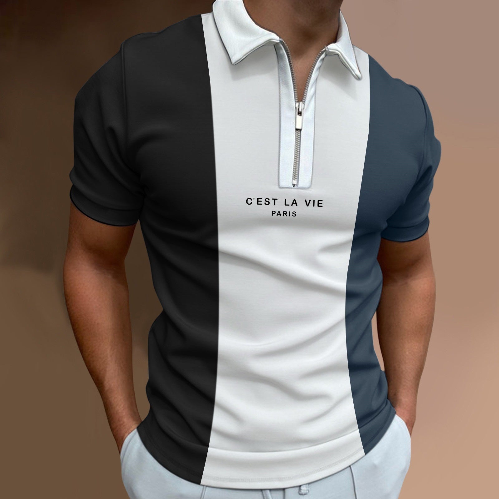 Men's Summer Polo Zipper Color Matching Sports Polo Shirt