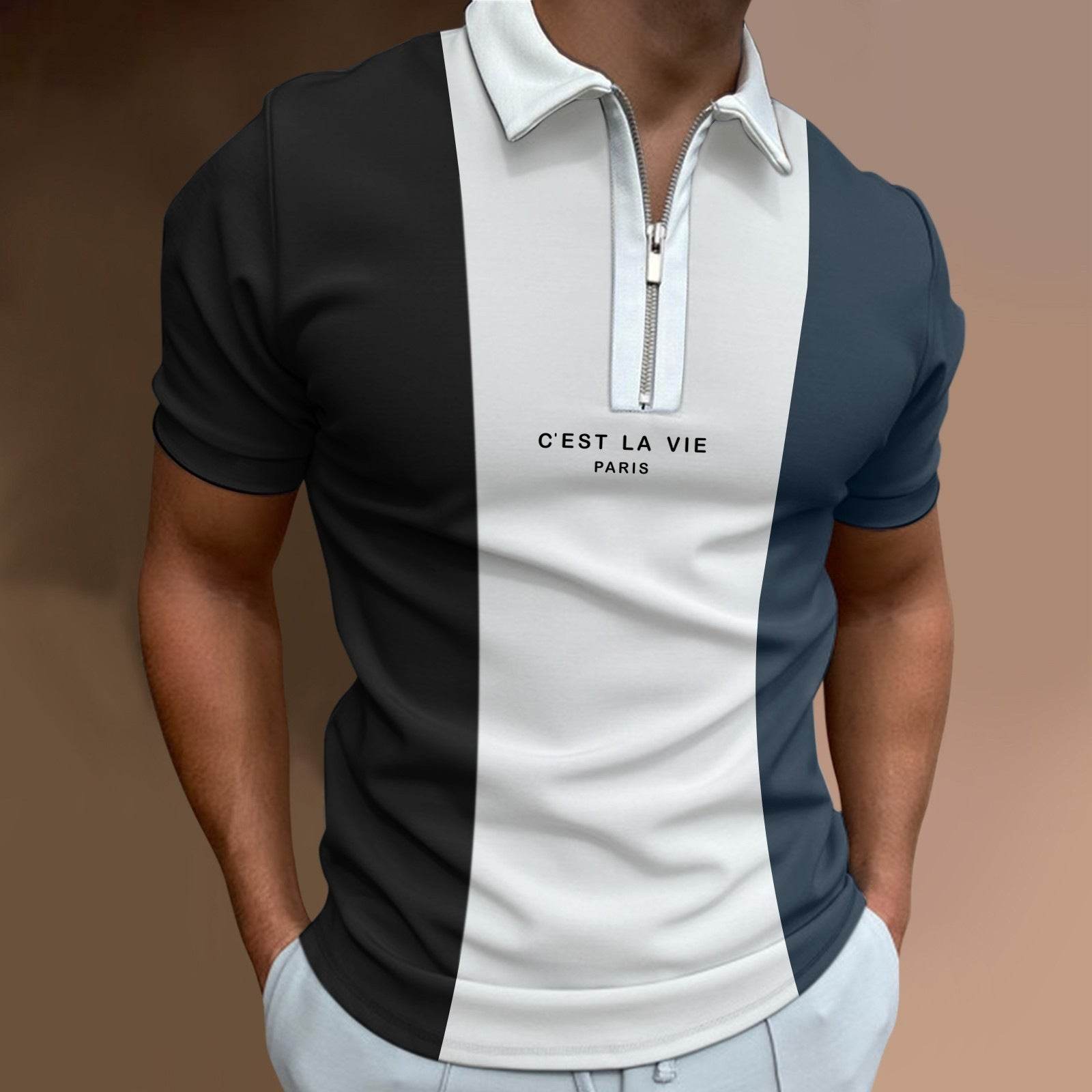 Men's Summer Polo Zipper Color Matching Sports Polo Shirt - Mubimart