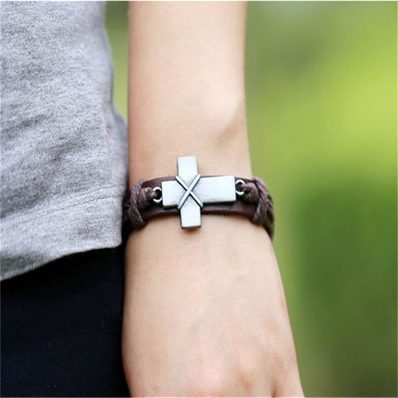 Brown Leather Cross Bracelets - Mubimart