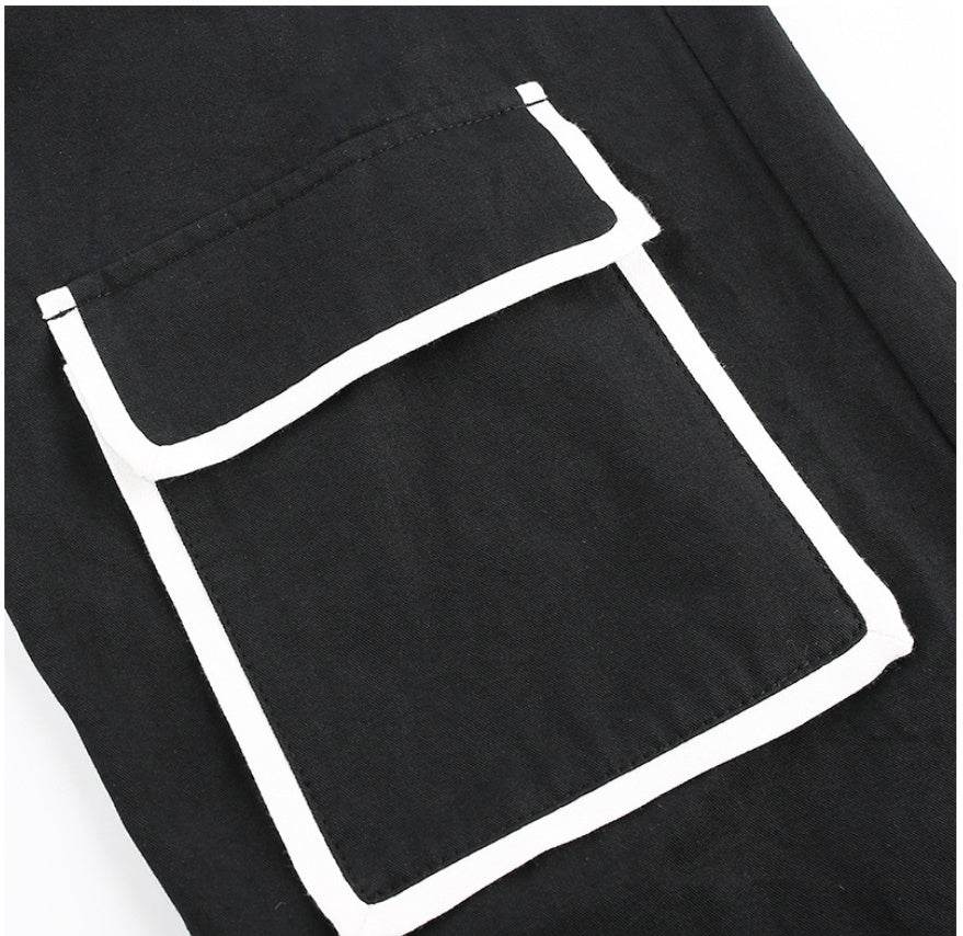 White Stripe Cargo Pants Women Trousers Pockets Patchwork Contrast Color High Waist Pants Hip Hop Capris - Mubimart