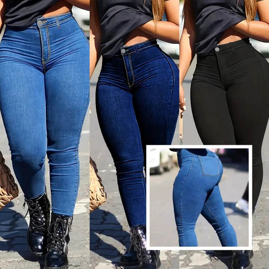 Spring Autumn Women's Skinny Fit Denim Jeans Solid Color High Waist Jeans For Women Oversized Basics Pants Ladies Pencil Pants - Mubimart
