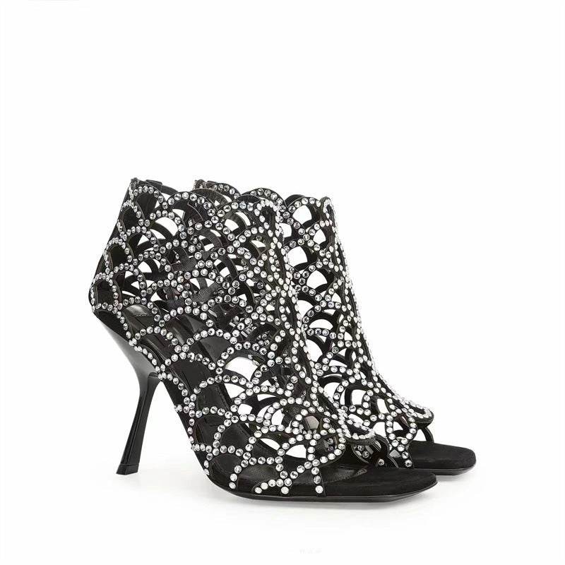 Women's Peep Toe Rhinestone Hollow High Heels - Mubimart