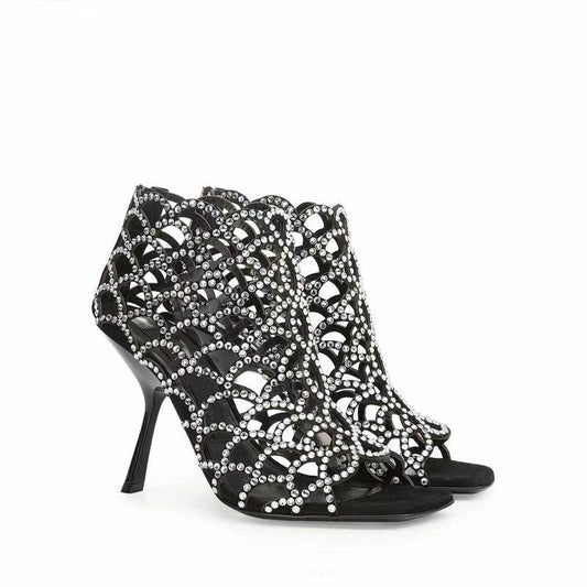 Women's Peep Toe Rhinestone Hollow High Heels - Mubimart