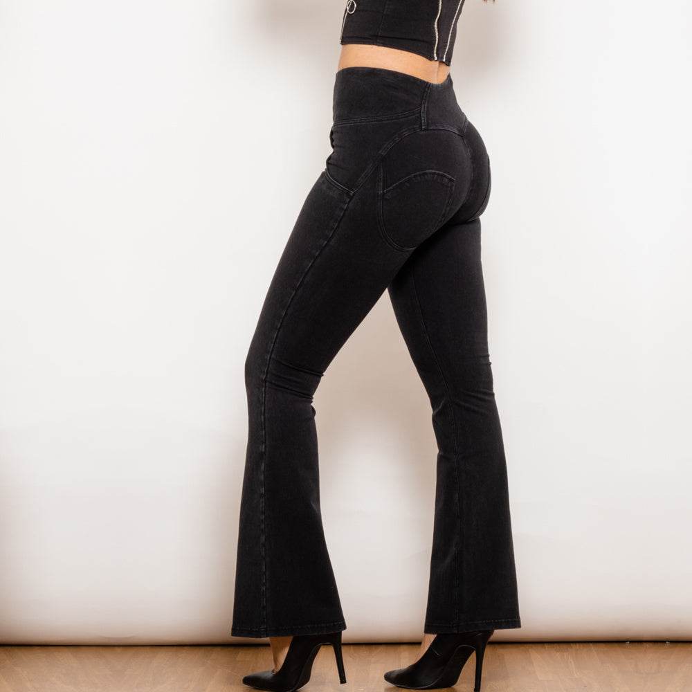 Shascullfites Melody Black Flared Lift Jeggings Button Up Flare Jeans Shaping Bum Lift Pants High Waist Jeans Women - Mubimart