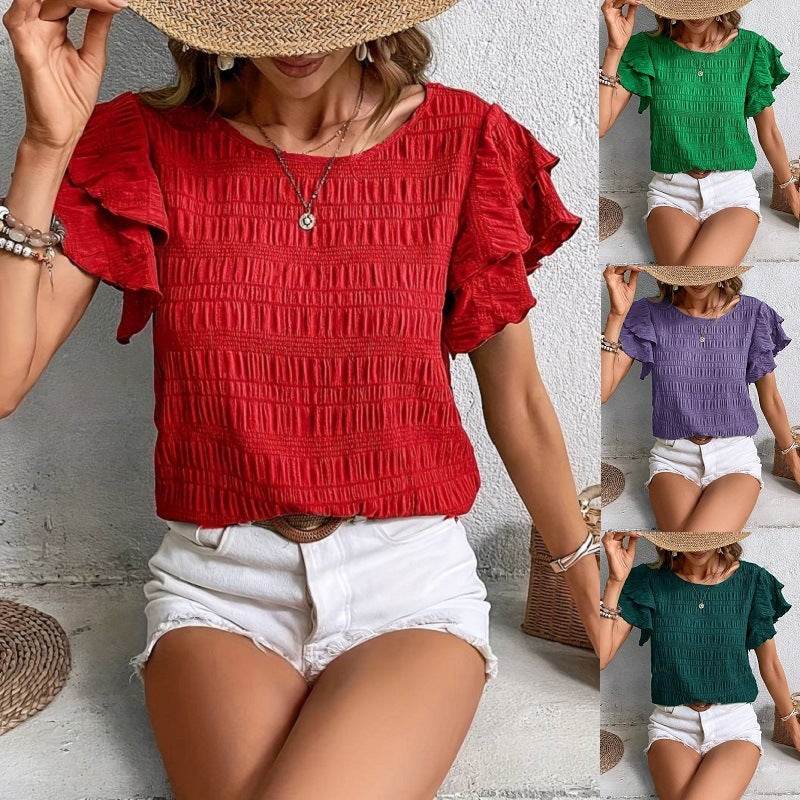 Summer Ruffled Short-sleeved T-shirt Casual Round Neck Pleated Design Top For Women Clothing - Mubimart