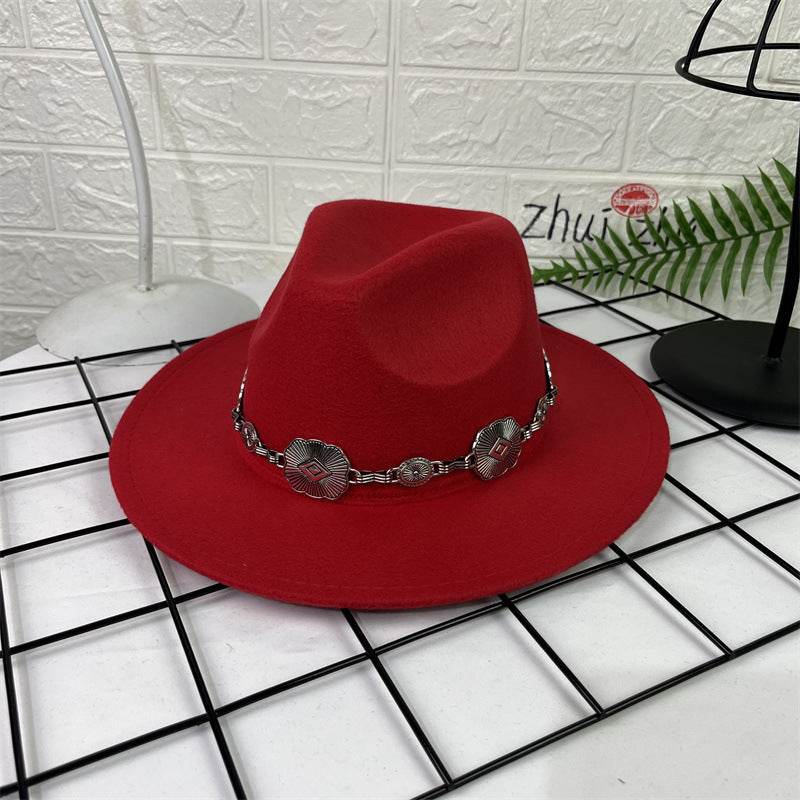 Hat Silver Square Chain Top Hat Wide Brim Flat Edge Woolen Fedora Hat - Mubimart