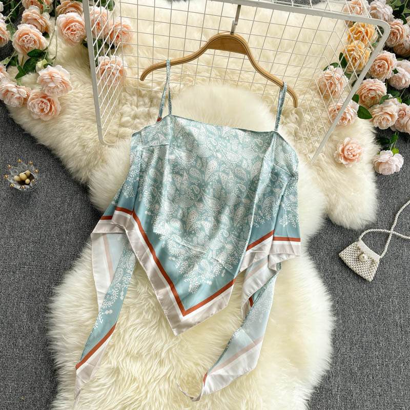 Abdominal Camisole Print Open-Back Top - Mubimart