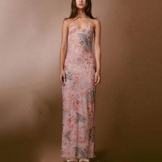 Mesh Printed Hanging Neck Slip Dress - Mubimart