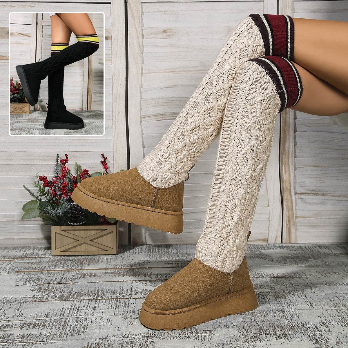 Winter Over-the-knee Boots With Long Knitted Sock Design Fashion Flat Thick-soled Shoes For Women Casual Warm Long Boot - Mubimart