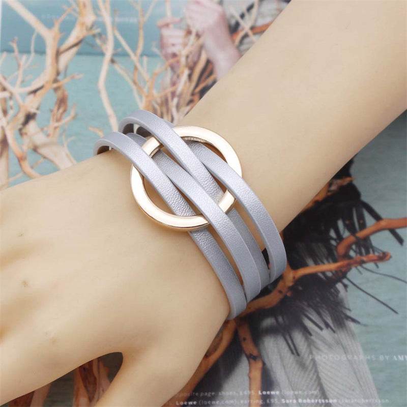 Cross Leather Women Bracelet Metal Big Ring Cuff Bangle Multi-layer Wristband Magnetic Snap Bangle - Mubimart