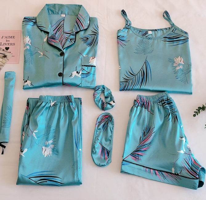 Simulated Silk Striped Seven-piece Loungewear - Mubimart
