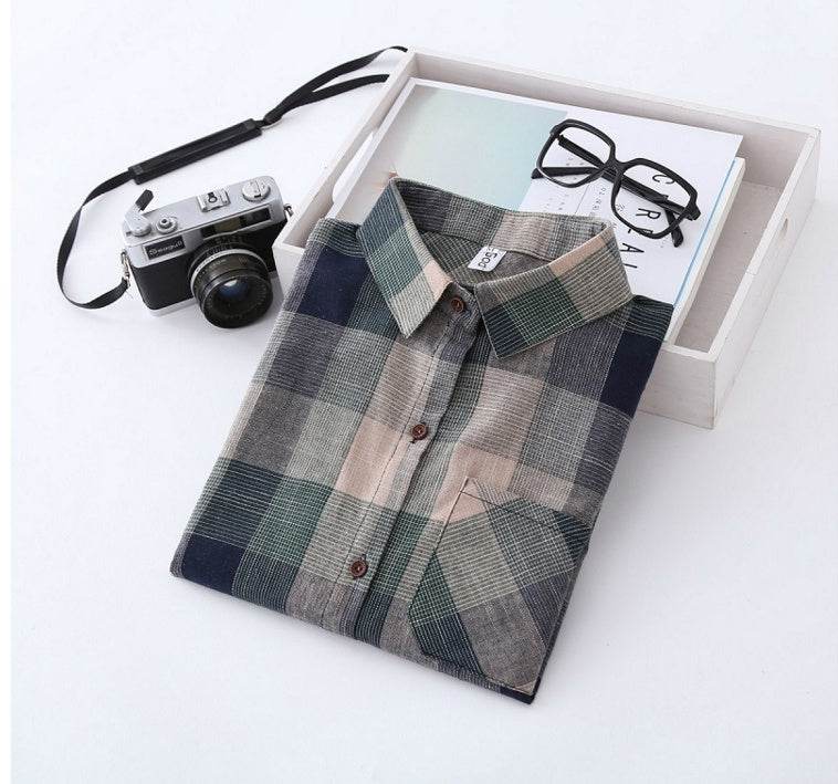 Girl Cotton Blouses Long Sleeve Plaid Blouse - Mubimart