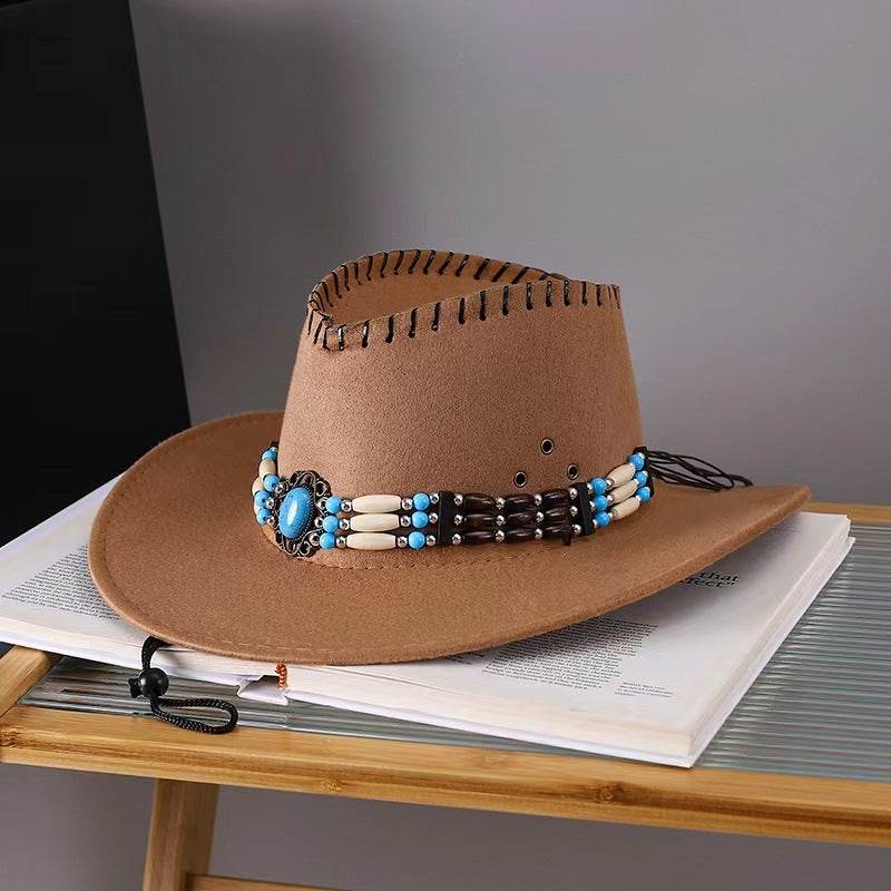 Western Cowboy Hat Men's And Women's Gem Chain Fedora Hat - Mubimart