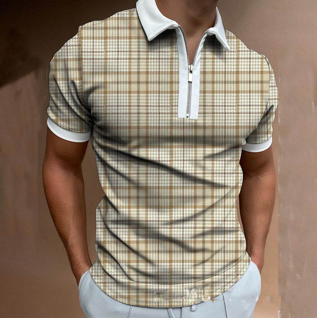 POLO Polo Shirt Zipper Check Men's T-shirt - Mubimart