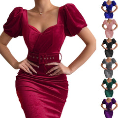 Women's Corset Low Neck Puff Sleeve Velvet Dress - Mubimart - Corset dress 