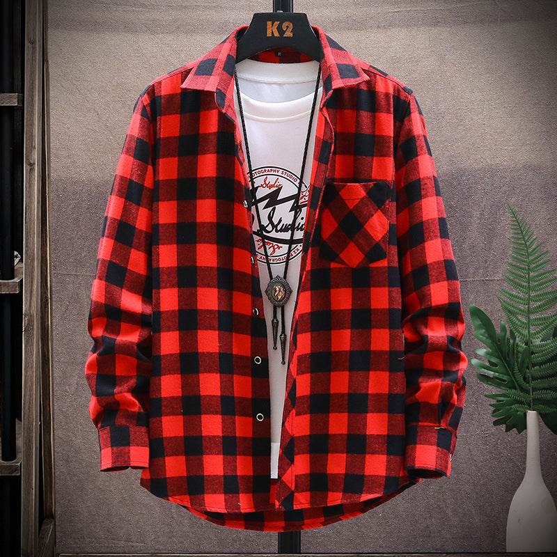 Flannel Brushed Plaid Slim Fit Long Sleeved Shirt - Mubimart