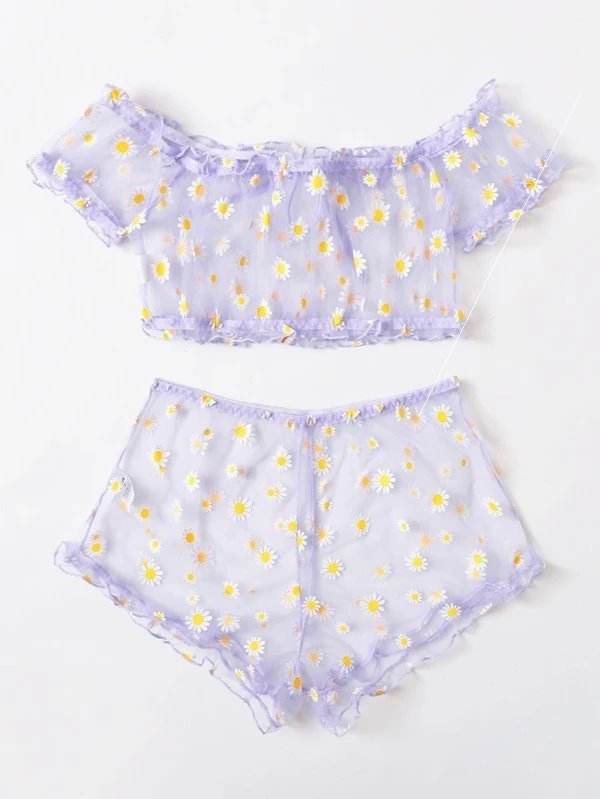 Women's Mesh Printed Lingerie Set - Mubimart