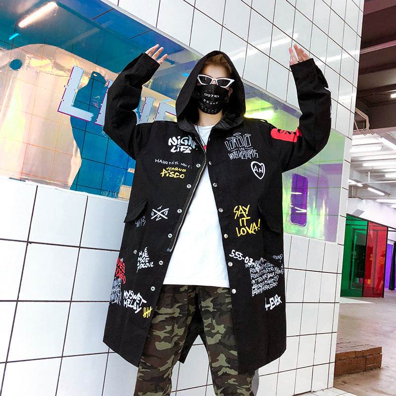 Dark graffiti trench coat - Mubimart
