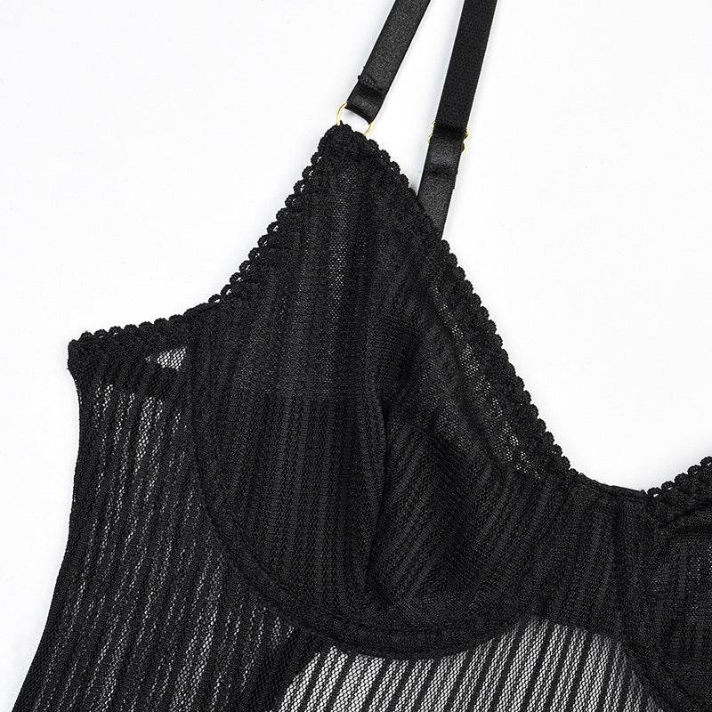 Steel Ring Gathered See-through Striped Mesh Shapewear Bodysuit - Mubimart