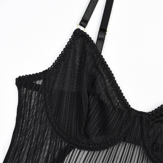 Steel Ring Gathered See-through Striped Mesh Shapewear Bodysuit - Mubimart