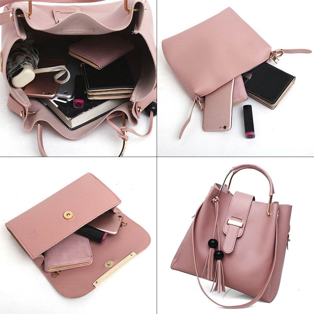 Women 3Pcs Or Set Handbags PU Leather Shoulder Bags Casual Tote Bag Tassel Metal Handle Designer Composite Bags - Mubimart