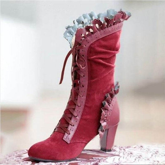 Lace-Up Combat Boot Women Ruffle Design Ethnic Shoes - Mubimart