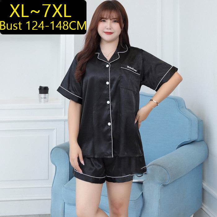 Summer Plus Size Ladies Ice Silk Short Sleeve Pajama Set - Mubimart