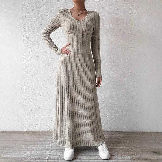 Women's Slim Fit Fashionable Knitted Solid Color Long Sleeve Dress