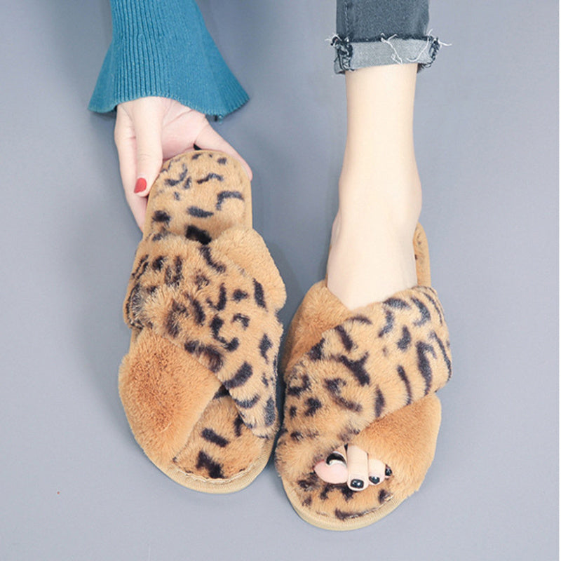 Cross-strap Fuzzy Slippers Leopard Plush House Shoes Flat Bedroom Slippers Slippers For Women - Mubimart -  