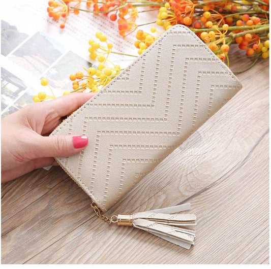 New women's wallet single pull fringed bag long zipper student bag clutch bag - Mubimart