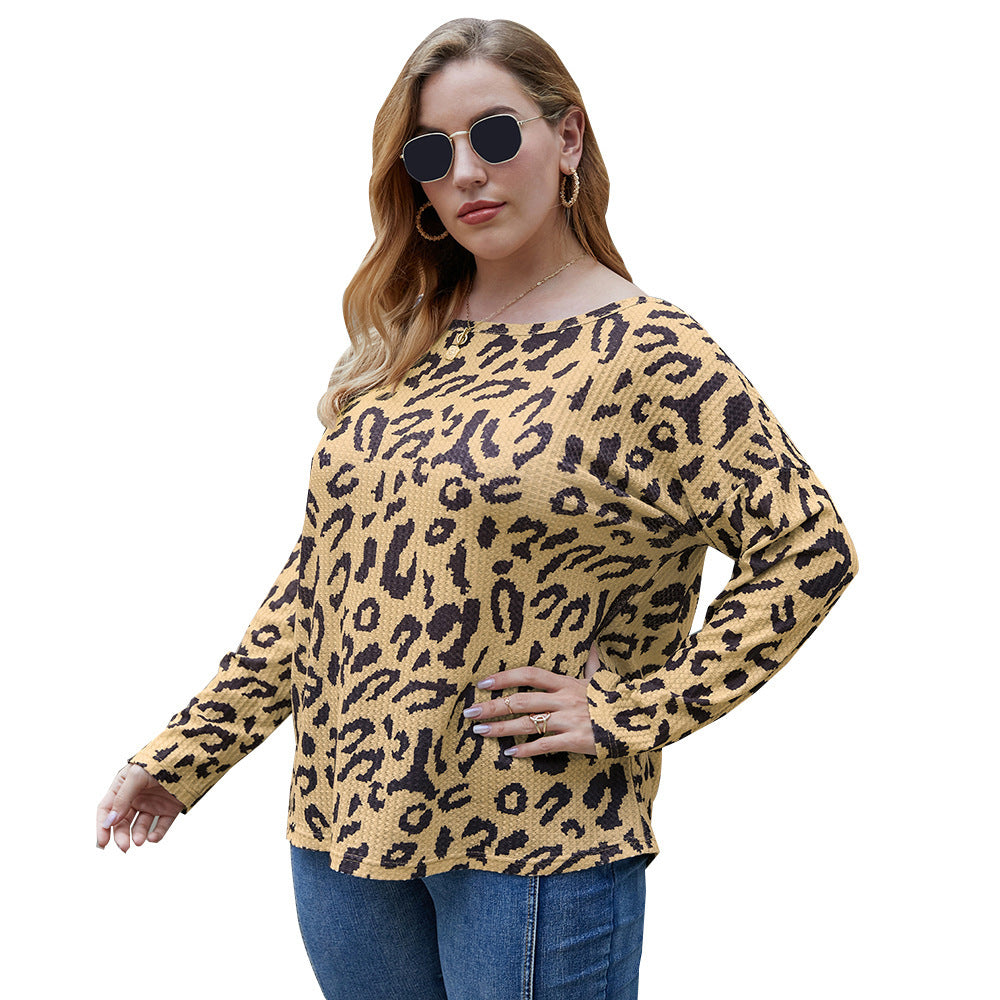 Plus Size Women's Clothing Top Fall Leopard Print T-Shirt - Mubimart - Plus Size Tshirts 