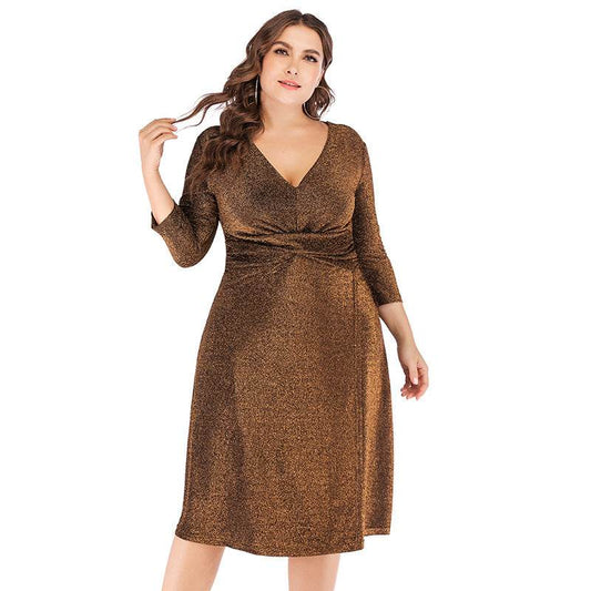 Plus Size V-neck 34 Sleeves High Waist Midi Skirt Bright Silk Party Dress - Mubimart