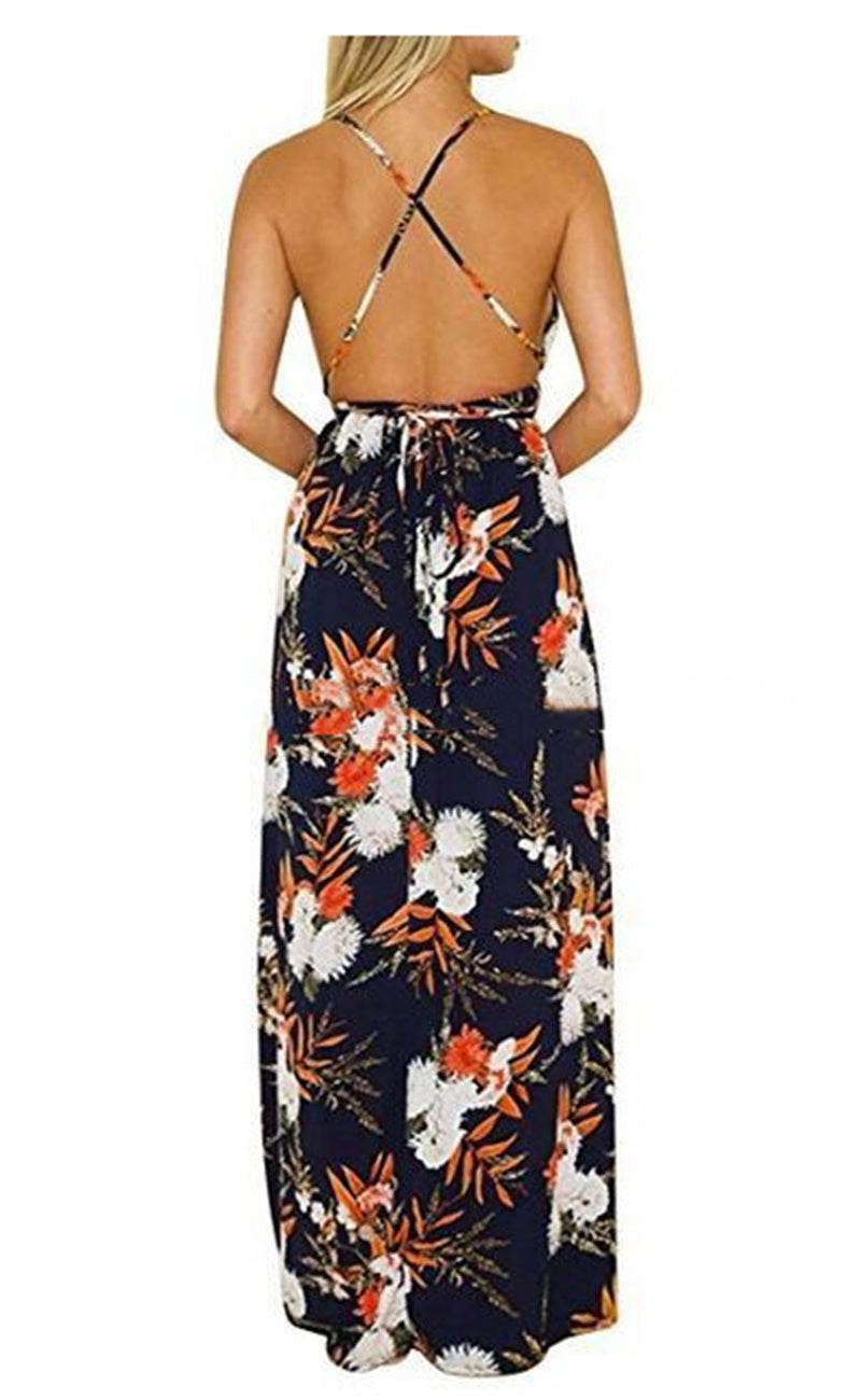 Women's Fashion Casual Printing Backless Slip Dress - Mubimart