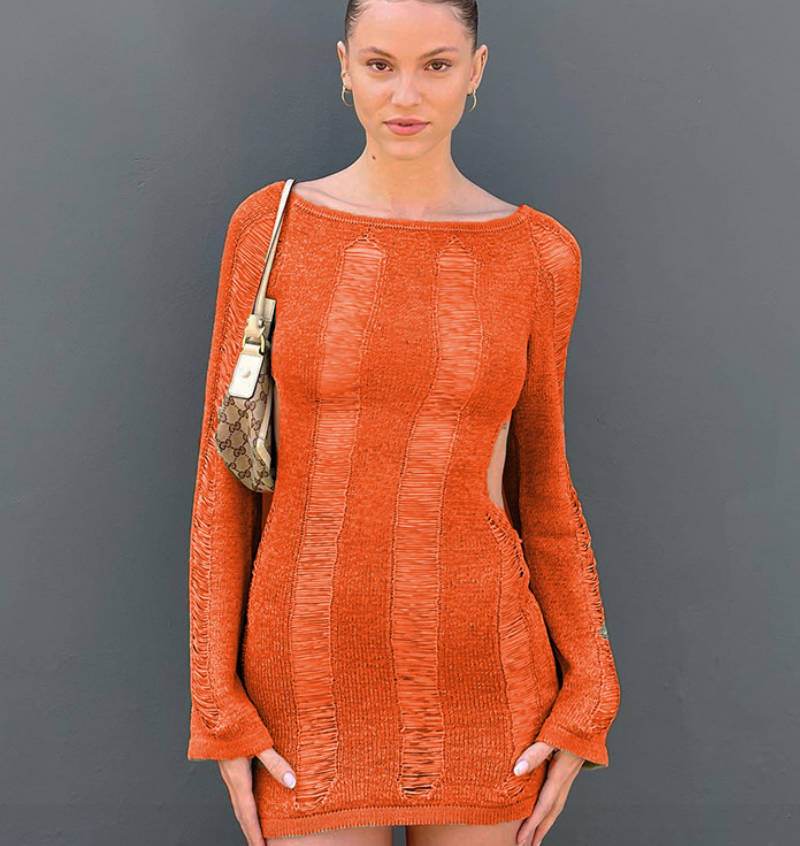 Fashion Slim Fit Hollow Long Sleeve Dress Y2K Sexy Backless Hip-hugging Short Dresses Womens Clothing - Mubimart