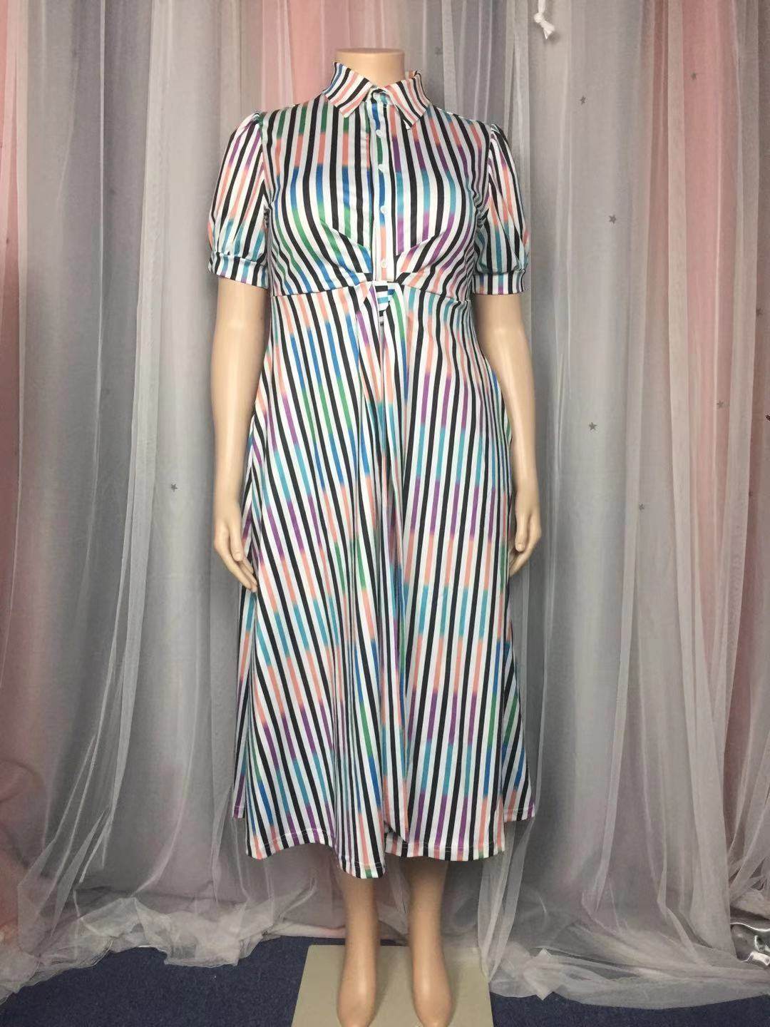 Striped Contrast Printing Long-Sleeved Shirt Plus Size Dress - Mubimart