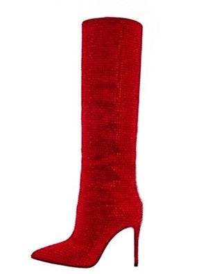 Women's Fashion Pointed Toe Stiletto Rhinestone Tall Boots - Mubimart