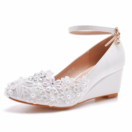 Round Toe Wedge Pumps Bridal Wedding White Shoes - Mubimart