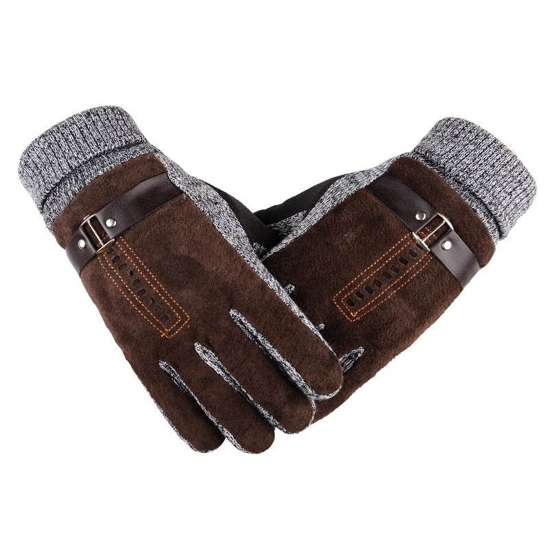 Mens Pigskin Gloves Winter Skiing Outdoor Riding Warmth Thickened Non Slip - Mubimart