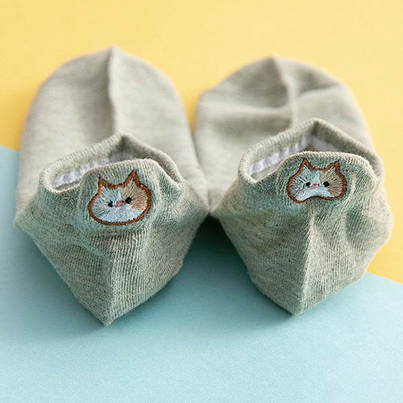 Socks Female Embroidered Cat Boat Socks Shallow Mouth Cute Low Waist - Mubimart