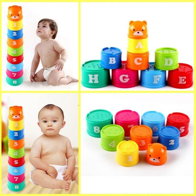 9Pcs/set Excellent Baby Children Kids Educational Toy New building block Figures Letters Folding Cup Pagoda Gift - Mubimart